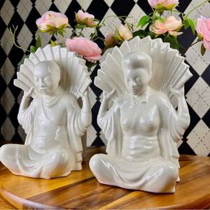 Statement Vases Large Japanese Porcelain Seated Figure Pair w/ Fan-Form Openings